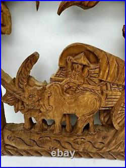 RARE Antique Japanese Hand Carved Wall Hanging Wood Panel Wagon Oxen