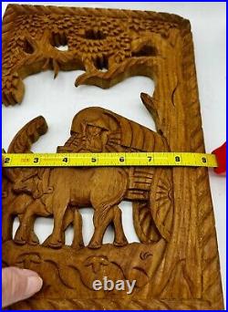 RARE Antique Japanese Hand Carved Wall Hanging Wood Panel Wagon Oxen