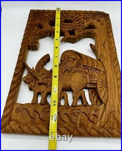 RARE Antique Japanese Hand Carved Wall Hanging Wood Panel Wagon Oxen