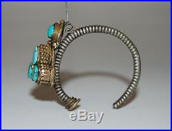 RARE Antique Late 18c Early 19c Tibet Men's Earring Turquoise Silver & Gold Gilt