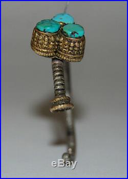 RARE Antique Late 18c Early 19c Tibet Men's Earring Turquoise Silver & Gold Gilt