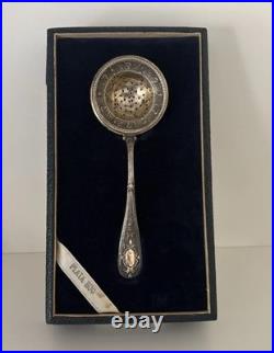 RARE Antique Silver Tea Strainer, Plata 800 23g Original Box