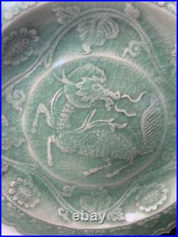 RARE Antique Southeast Longquan celadon tripod censer charger Yuan early Ming