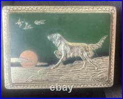 RARE Antique Sterling Silver Bronze Cigarette Box withHunting Dog Scene