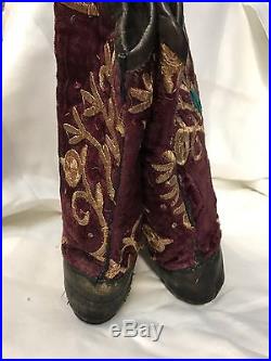 RARE Antique Uzbek Embroidered Boots Leather Gold Embroidery 19th/ Early 20thC