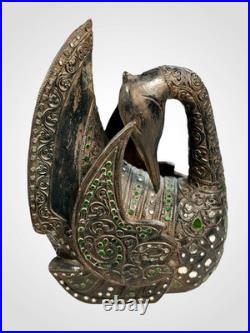 RARE Burmese HINTHA Hamsa Temple Figure Hand Carved Wood Mirror Inlay Mandalay