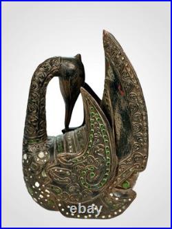 RARE Burmese HINTHA Hamsa Temple Figure Hand Carved Wood Mirror Inlay Mandalay