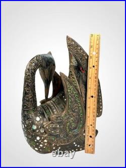 RARE Burmese HINTHA Hamsa Temple Figure Hand Carved Wood Mirror Inlay Mandalay