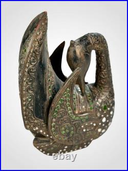 RARE Burmese HINTHA Hamsa Temple Figure Hand Carved Wood Mirror Inlay Mandalay