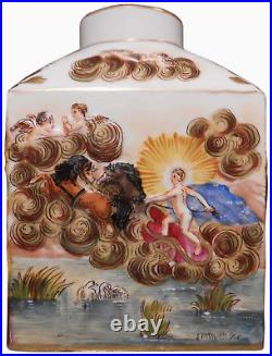 RARE CAPODIMONTE NAPLES ITALY EARLY 19TH C ANTIQUE SGND DEC PRCLN CER JAR WithCORK
