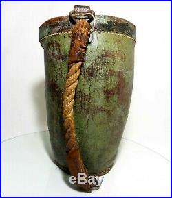 RARE EARLY 18TH C 1820 ANTIQUE LEATHER FIRE BUCKET WithORIG GREEN PAINT, STENCIL