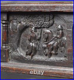 RARE EARLY 18th/19th CENTURY OAK CARVED BOX WITH A BATTLE SCEANE CARVED FIGURES
