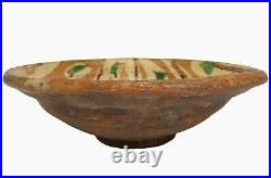 RARE EARLY 19TH C AMERICAN ANTIQUE PRIMITIVE REDWARE BOWL, WithBANDED LEAF PATTERN