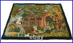 RARE EARLY 20TH C AMERICAN FOLK ART ANTIQUE WOOL HOOKED RUG WithCVRD BRIDGE/CHURCH