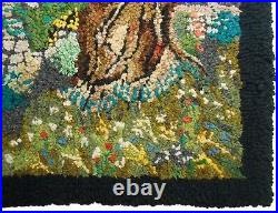 RARE EARLY 20TH C AMERICAN FOLK ART ANTIQUE WOOL HOOKED RUG WithCVRD BRIDGE/CHURCH