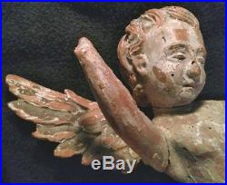 RARE EARLY ANTIQUE MUSEUM PAIR OF TALL 16'' 400mm WOOD CARVED PUTI CHERUB ANGEL