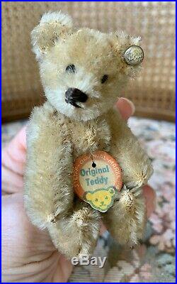 RARE EARLY ANTIQUE STEIFF MOHAIR BEIGE MINI BEAR 3.5 WithButton & Chest Tag NR
