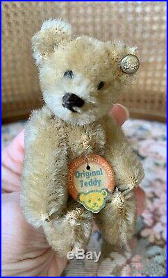 RARE EARLY ANTIQUE STEIFF MOHAIR BEIGE MINI BEAR 3.5 WithButton & Chest Tag NR