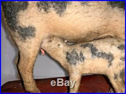 RARE EARLY PLATFORM Cow w Nursing Calf Metal Wheels Wonderful Antique PULL TOY