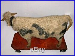 RARE EARLY PLATFORM Cow w Nursing Calf Metal Wheels Wonderful Antique PULL TOY