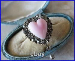 RARE EARLY VICTORIAN ANGEL SKIN CORAL HEART BROOCH PIN with ANTIQUE PASTES 1840