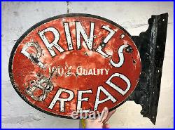 RARE Early Antique 1910s 20s Prinzs Bread 2 Sided Metal Flange Sign Gas Oil KY