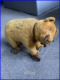 RARE Early Antique Large Schuco Tricky Cinnamon MohairYes No Bear Metal Wheels