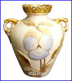 RARE Early Antique Royal China Works Grainger Worcester Pierced Pansy Vase