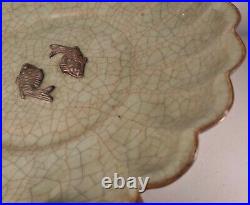 RARE Very Early Antique Chinese Celadon Scalloped Bowl Twin Fish Unglazed
