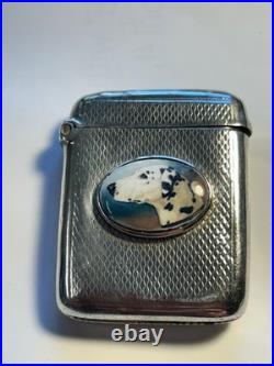 RARE early ANTIQUE STERLING VESTA CASE WITH PORC/ enamel ANIMAL PORTRIAT