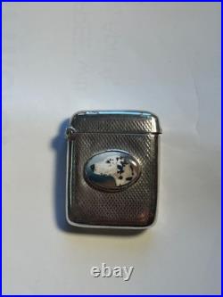 RARE early ANTIQUE STERLING VESTA CASE WITH PORC/ enamel ANIMAL PORTRIAT