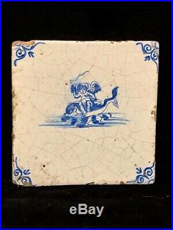 Rare 17th Century Antique Early Delft Tile Dutch Angel Riding Dolphin