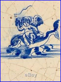 Rare 17th Century Antique Early Delft Tile Dutch Angel Riding Dolphin