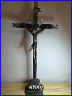 Rare 17th / Early 18thC Antique European Folk Art Wooden Crucifix Cross Jesus