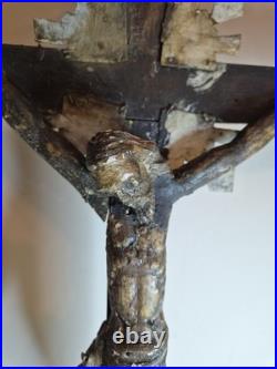 Rare 17th / Early 18thC Antique European Folk Art Wooden Crucifix Cross Jesus