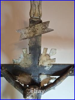 Rare 17th / Early 18thC Antique European Folk Art Wooden Crucifix Cross Jesus