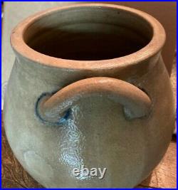 Rare 18th, Early 19th Cen. Ovoid Stoneware Crock With Cobalt Decor, Open Ears