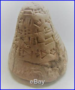 Rare Ancient Near Eastern Terracotta Conical Object With Early Form Of Writing