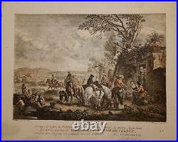 Rare Antique 18th hand colored engraving by Jean Moyreau and Philips Wouwerman