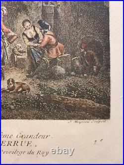 Rare Antique 18th hand colored engraving by Jean Moyreau and Philips Wouwerman