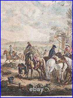 Rare Antique 18th hand colored engraving by Jean Moyreau and Philips Wouwerman