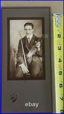 Rare Antique B&W early 1900s VTG Photo PORTRAIT in Fancy Folder Young Boy VIOLIN
