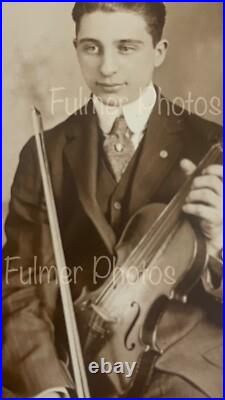 Rare Antique B&W early 1900s VTG Photo PORTRAIT in Fancy Folder Young Boy VIOLIN