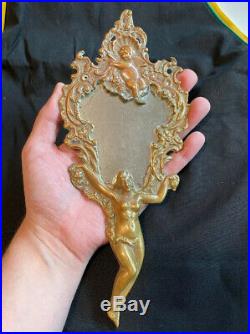 Rare Antique Brass Nude Hand Mirror Early 1800's European Floral Decorative