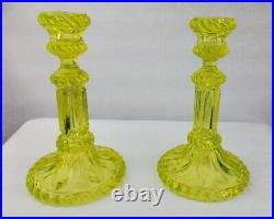 Rare Antique Canary Glass Candlestick Holder Pair Vasaline Glass Pair 9