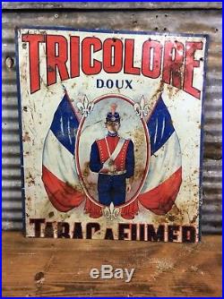Rare Antique Early 1900s Vtg TRICOLORE SWEET TOBACCO French Canadian Tin Sign