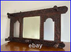Rare Antique Early 19th C Welsh Tudor Revival Oak Carved Mirror Hall Coat Rack