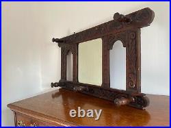 Rare Antique Early 19th C Welsh Tudor Revival Oak Carved Mirror Hall Coat Rack