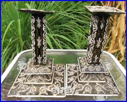 Rare Antique Early 19th Century Pair Of French Enamel On Copper Candlesticks
