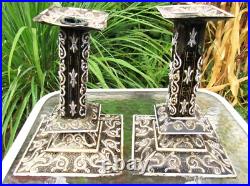 Rare Antique Early 19th Century Pair Of French Enamel On Copper Candlesticks